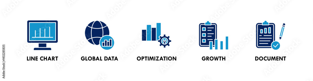 Data Analysis banner web icon illustration concept with icon of line chart, global data, optimization, growth, and document Data Analysis banner web icon illustration concept with icon of line chart, global data, optimization, growth, and document