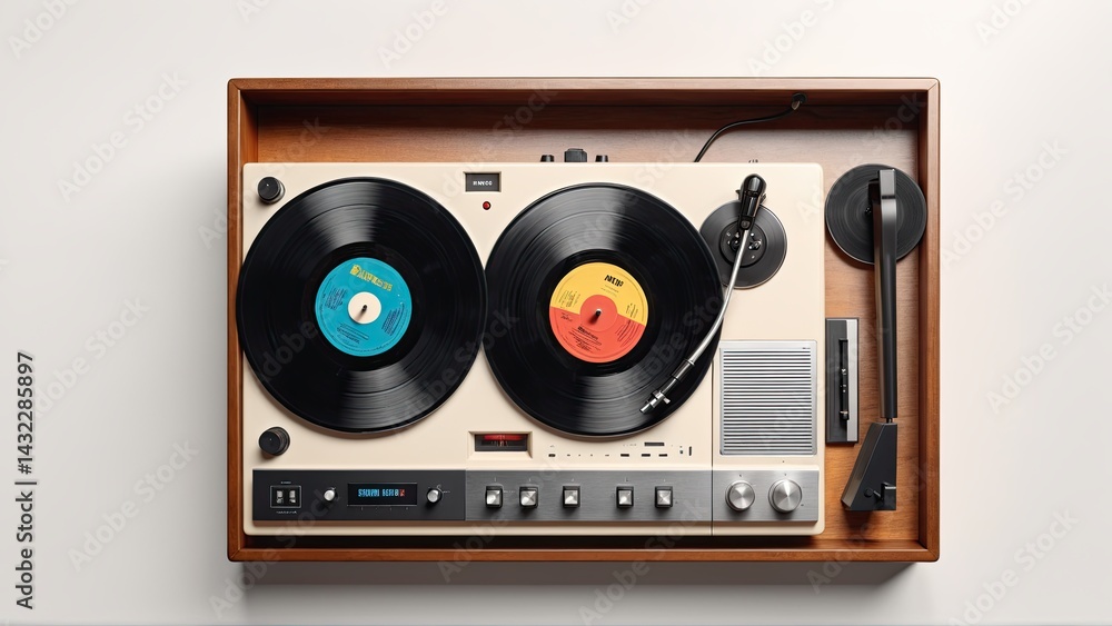 Fototapeta premium Dual Vinyl Turntable on a Wooden Cabinet with Retro Aesthetic
