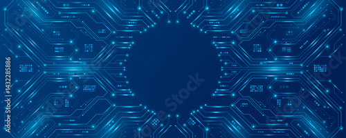AI circuit board with glowing electronics elements on blue backdrop. UI and GUI design. Futuristic high tech panel of connected lines. Scientific and Technological background. Vector illustration