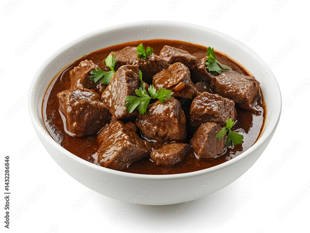 A delicious and hearty beef stew simmered in a rich brown gravy is served in a white bowl. A delicious and hearty beef stew simmered in a rich brown gravy is served in a white bowl.