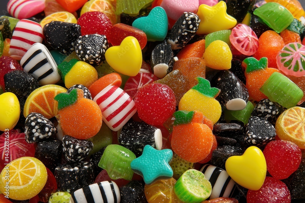 Whimsical Mix of Novelty Shaped Candies Featuring Hearts, Stars, and Colorful Designs Whimsical Mix of Novelty Shaped Candies Featuring Hearts, Stars, and Colorful Designs
