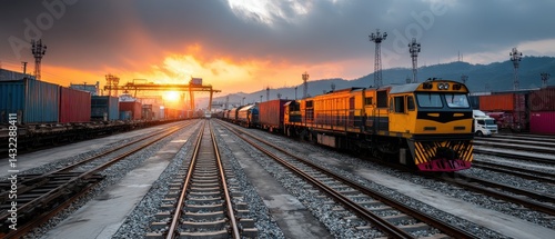 Glowing Sunset Over Global Logistics Hub with Freight Train and Container Yard