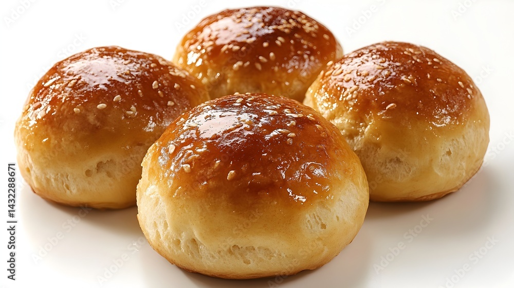 Four golden brown sesame seed buns arranged in a circle on a white background, perfect for a bakery or food blog. Four golden brown sesame seed buns arranged in a circle on a white background, perfect for a bakery or food blog.
