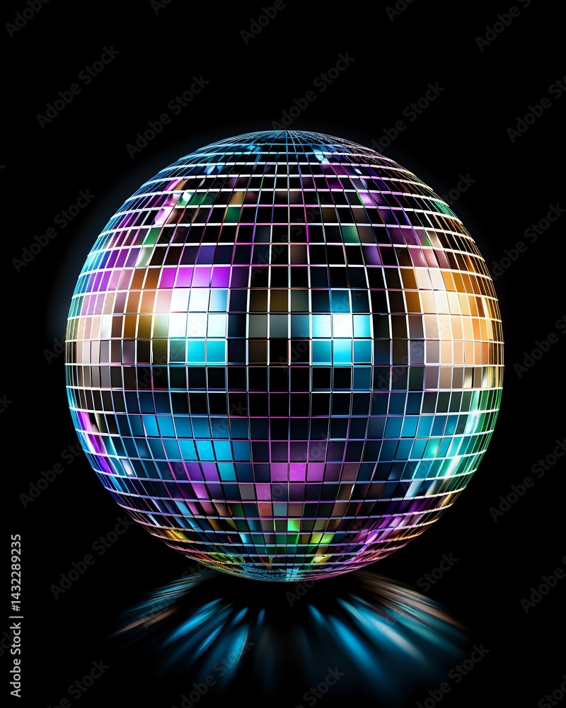 Obraz premium Shiny disco ball with colorful light reflections on black background, mirror ball casting blue glow underneath, retro party and dance club symbol.