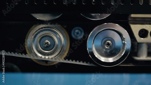 A smooth pan right reveals a spinning conveyor belt alongside interlocking gears, highlighting precise motion in a factory environment