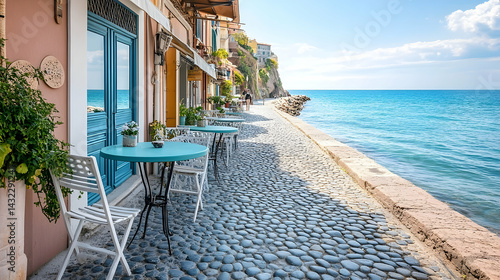 Coastal walkway lined with outdoor cafes, charming seaside village.
