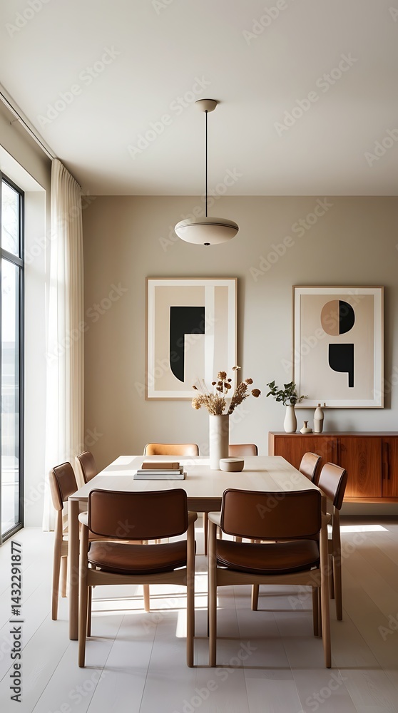 Modern dining room interior with minimalistic wooden furniture, natural lighting from large window, neutral tones, and stylish contemporary decor perfect for home inspiration or design use
Modern dining room interior with minimalistic wooden furniture, natural lighting from large window, neutral tones, and stylish contemporary decor perfect for home inspiration or design use