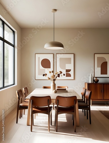 Wallpaper Mural Modern dining room interior with minimalistic wooden furniture, natural lighting from large window, neutral tones, and stylish contemporary decor perfect for home inspiration or design use

 Torontodigital.ca