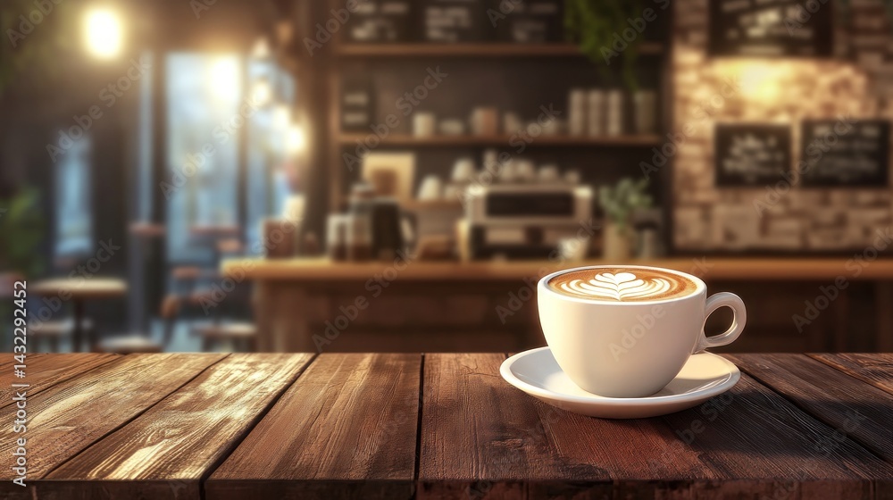A cup of latte on a wooden table in a cozy cafe A cup of latte on a wooden table in a cozy cafe
