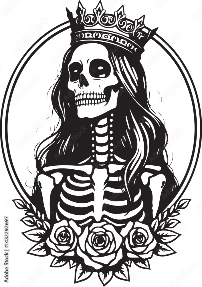 Fototapeta premium Sugar Skull Girl SVG | Tattoo Style Calavera SilhouetteDay of the Dead Skull Girl | Vector Tattoo DesignSugar Skull Woman Silhouette | Dia de los Muertos SVGSkull Girl Tattoo SVG | Gothic Calave
