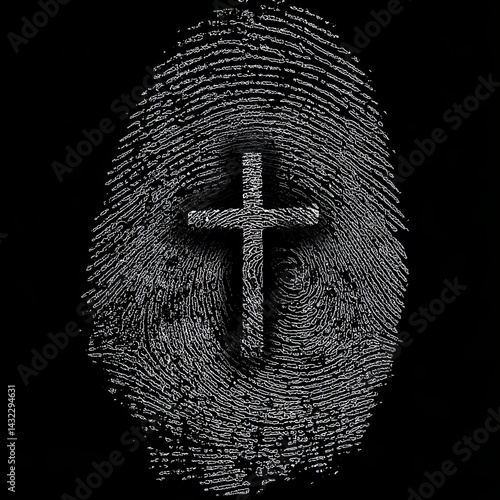 A symbolic representation of faith shows a Christian cross embedded in a detailed fingerprint, signifying identity, spirituality, and unique belief in the divine.