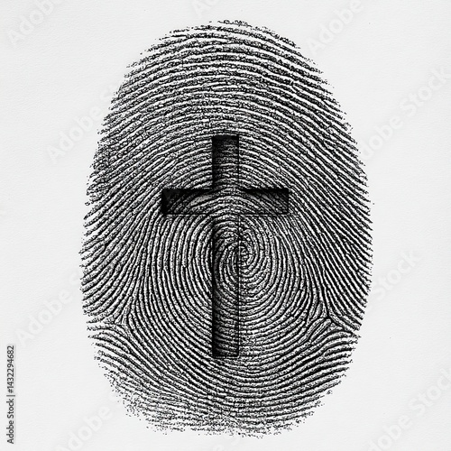 A unique identity is shown as a fingerprint imprinted with a Christian cross, symbolizing faith, individuality, and spiritual connection to beliefs and identity.