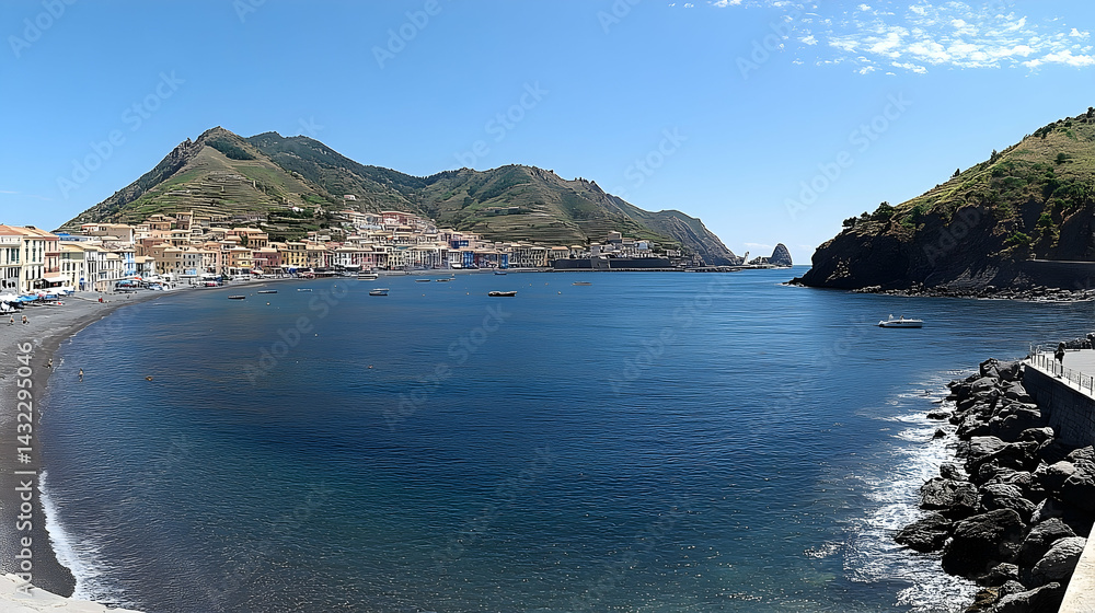 Fototapeta premium Picturesque coastal scenery with a harbor, town, and mountains.