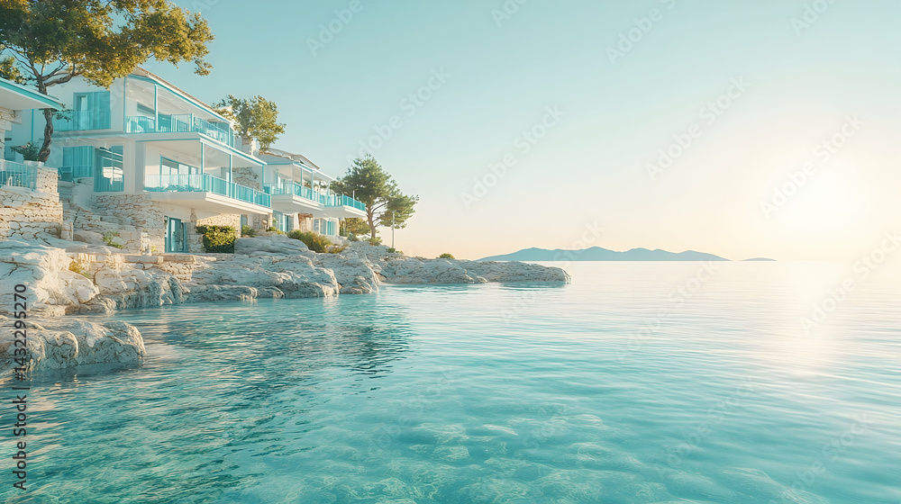 Fototapeta premium Coastal vacation homes bathed in morning sunlight.
