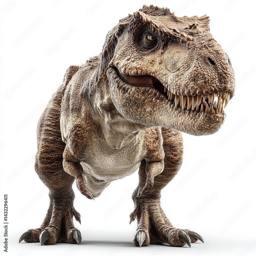 Fototapeta premium A large tyrannosaurus rex stands imposingly with its powerful legs, teeth, and textured skin, vividly showcasing the prehistoric predator on white background.