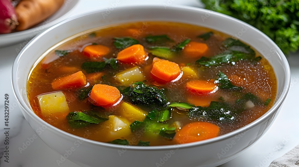 A hearty and healthy vegetable soup brimming with carrots, potatoes, and kale in a white bowl ready to be enjoyed. A hearty and healthy vegetable soup brimming with carrots, potatoes, and kale in a white bowl ready to be enjoyed.