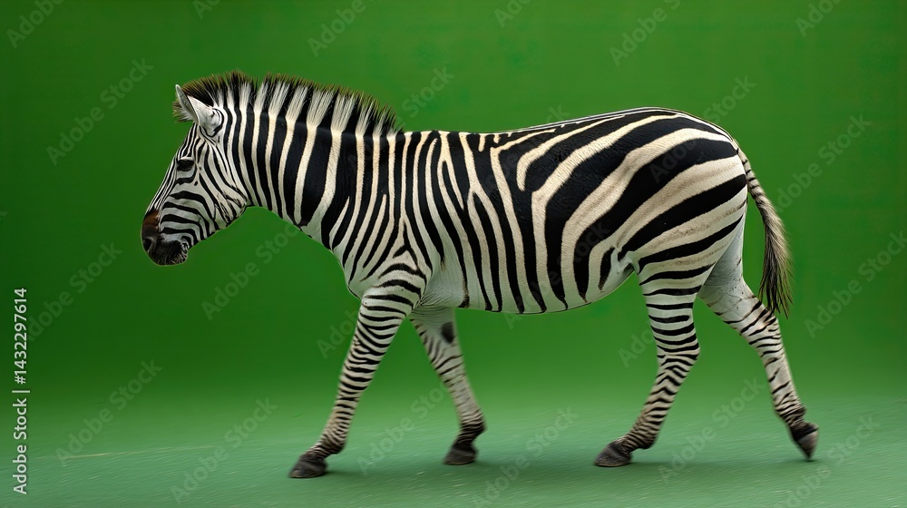 Fototapeta premium A zebra with striking black and white stripes confidently walks across a vibrant green screen background, its unique coat pattern contrasting against the backdrop.