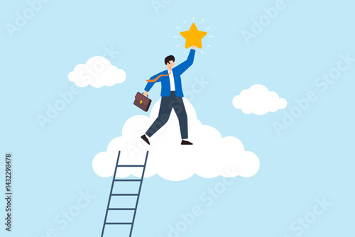 Flat illustration of successful businessman stand on clouds to reach precious star with ladder career victory business champion dream job