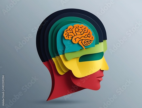 Creative abstract concept with overlapping silhouette heads and highlighted brain area, representing neuroscience, therapy, emotional intelligence, and psychological understanding


