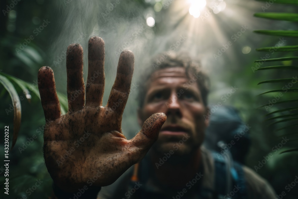 A rainforest conservationist breathing misty air, dirt-smudged hand raised in a stop gesture to the camera, verdant foliage and drifting sunbeams visible in the background. A rainforest conservationist breathing misty air, dirt-smudged hand raised in a stop gesture to the camera, verdant foliage and drifting sunbeams visible in the background.
