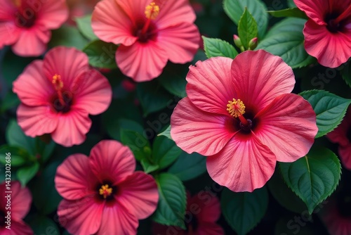 Bold hibiscus blooms in a vibrant, dense repeat , green, red, seamless