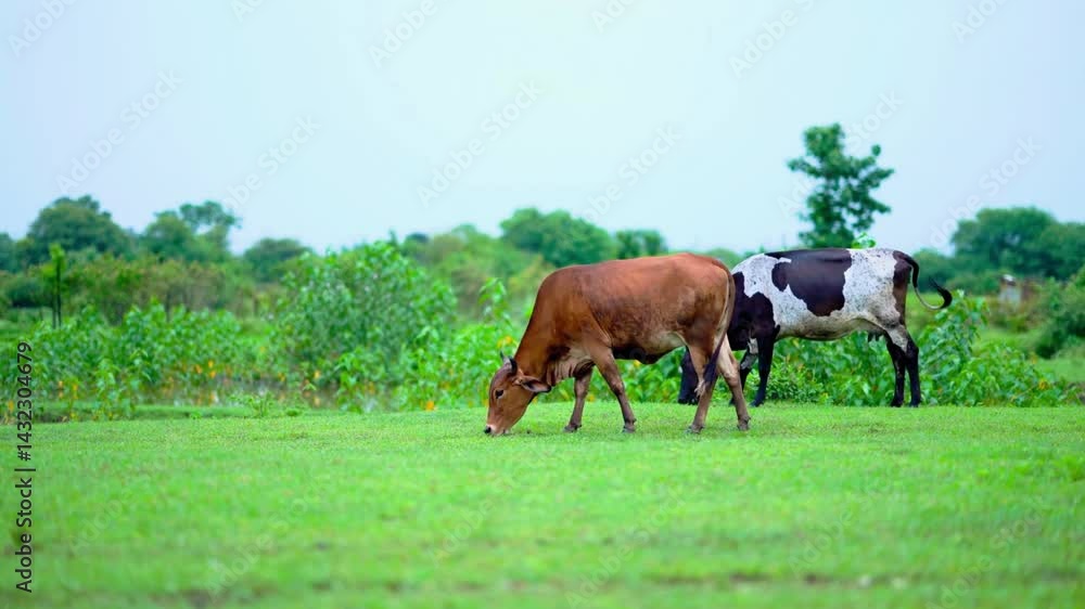 Cows Grazing in Lush Green Field Under Sunny Sky Cows Grazing in Lush Green Field Under Sunny Sky