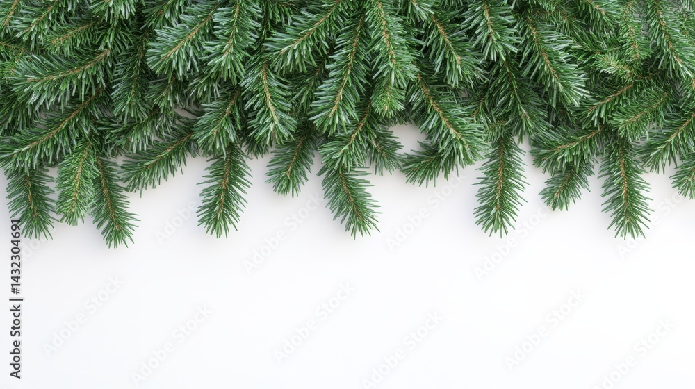 Closeup of christmas tree branch on white background, festive holiday decoration Closeup of christmas tree branch on white background, festive holiday decoration