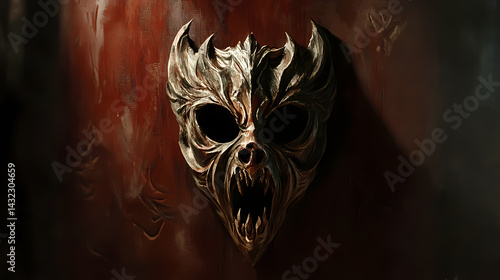 A cursed mask carved from dark wood, its design resembling a demonic face with hollow eyes and sharp fangs. Hollow Fang. Illustration