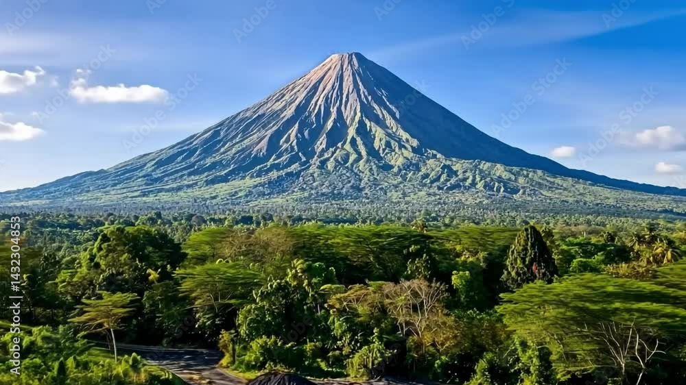 Majestic Volcanic Mountain Surrounded by Lush Green Forests Under a Clear Blue Sky with Fluffy White Clouds Majestic Volcanic Mountain Surrounded by Lush Green Forests Under a Clear Blue Sky with Fluffy White Clouds