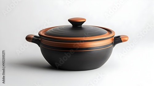 A stylish black ceramic casserole dish with copper accents and a fitted lid sits on a white background.
