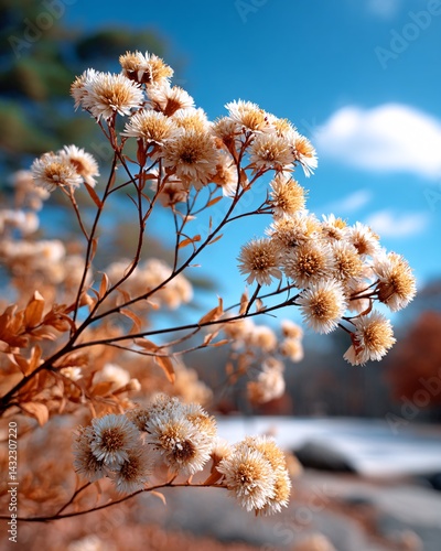 Delicate White Flowers on a Branch Against a Bright Blue Sky and Calm Natural Background