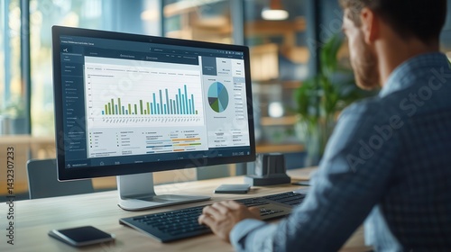 Human resources management software on computer screen helping human resources employee to manage recruitment, payroll, staff searching and KPI evaluation snugly