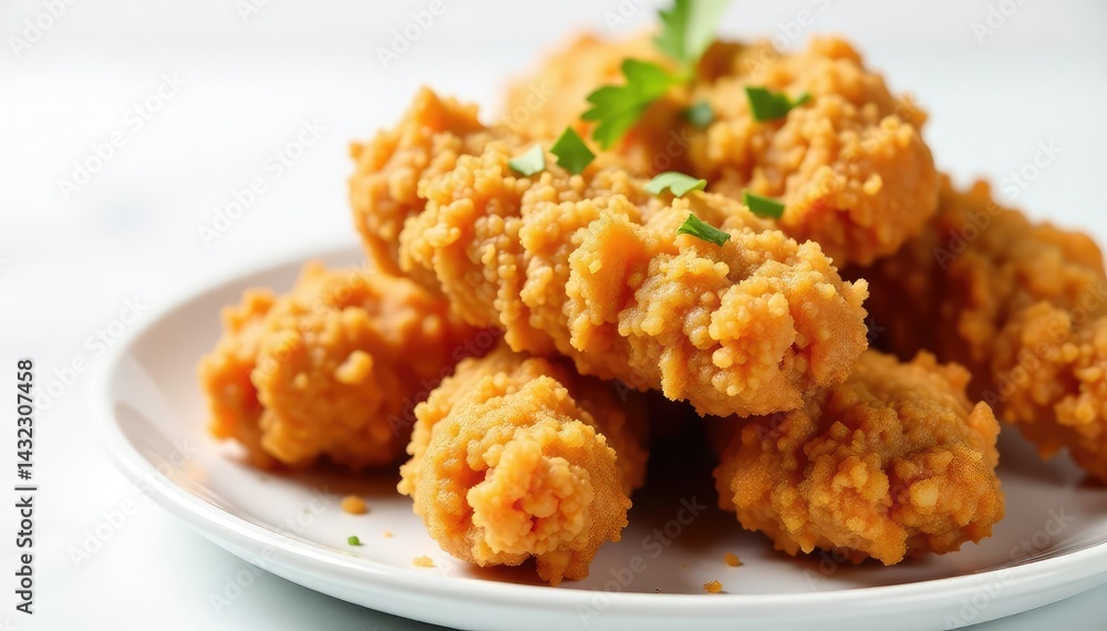Close-up of crispy fried chicken strips on white , white, cuisine, poultry Close-up of crispy fried chicken strips on white , white, cuisine, poultry