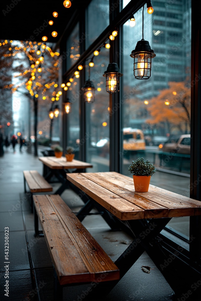 Cozy Urban Cafe with Wooden Tables and Warm Atmosphere on a Rainy Evening