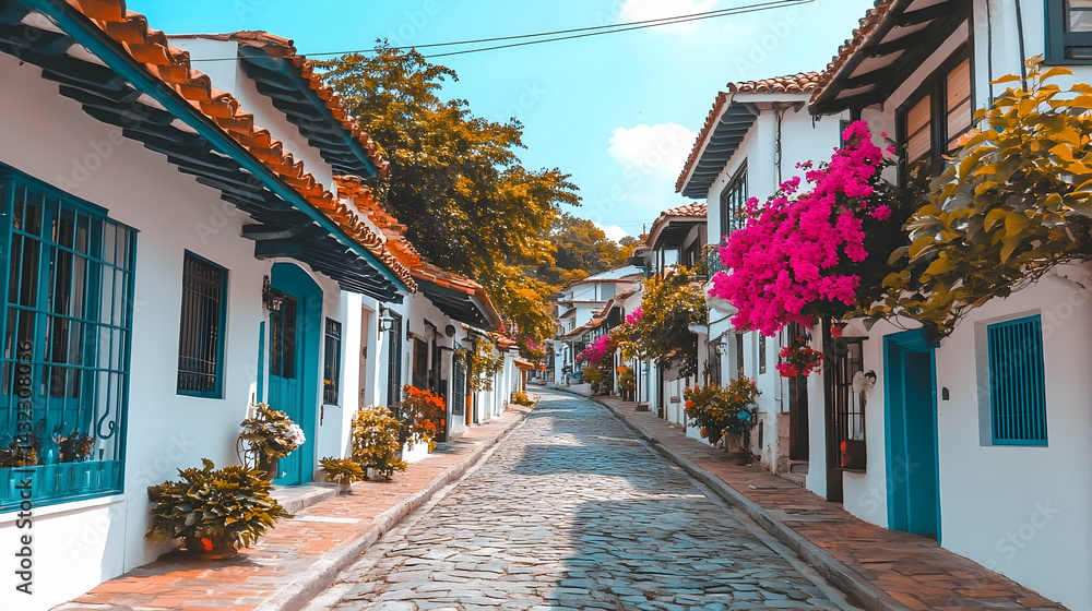 Obraz premium Charming, sun-drenched street scene in a picturesque colonial neighborhood.