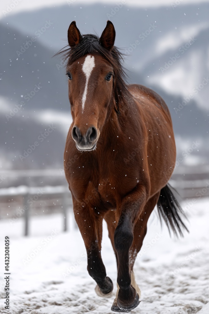 Majestic brown horse galloping through snow-covered landscape in winter wonderland scene