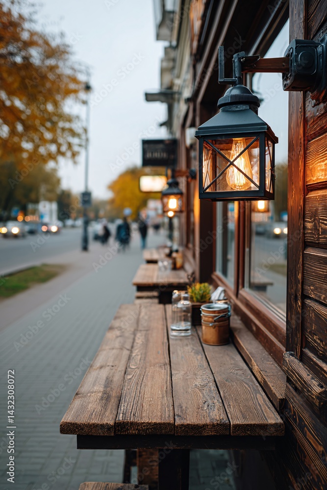 Cozy Outdoor Dining Area with Rustic Wooden Tables and Lanterns on a Charming Street