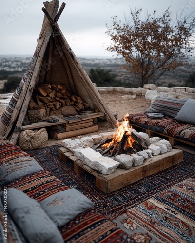 Obraz na płótnie Cozy Outdoor Seating Next to Campfire in a Rustic Teepee with Wood Stack and Comfortable Cushions w salonie
