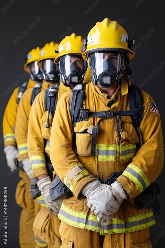 Group of firefighters in uniform lined up, ready for action in protective gear on black background