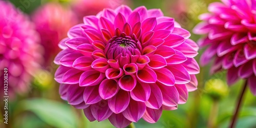 A close-up shot of a vibrant hot pink dahlia flower showcasing its intricate details and delicate petals, dahlia, hot pink flower