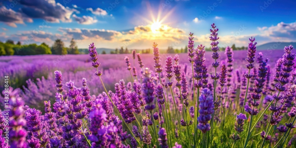 Naklejka premium A colorful field of vibrant purple lavender flowers swaying gently in the breeze on a warm sunny day, blooming wildflowers, summer flowers