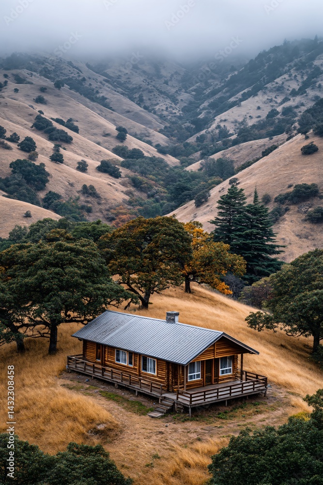 Cozy Wooden Cabin Surrounded by Rolling Hills and Foggy Mountains in Autumn Landscape