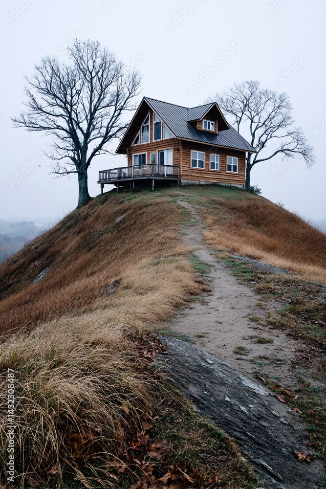 Cozy wooden house on a hilltop surrounded by fog and autumn foliage under a cloudy sky