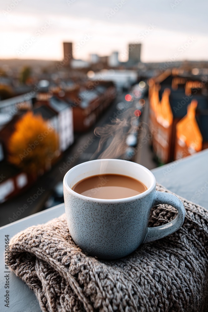 Cozy coffee cup with steam on a knitted blanket overlooking a city street at sunset