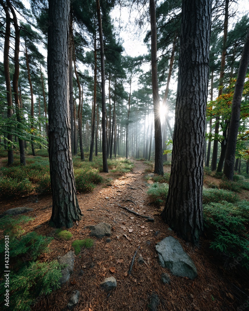 Tranquil Forest Path with Sunlight Through Trees and Soft Mist in Morning Landscape