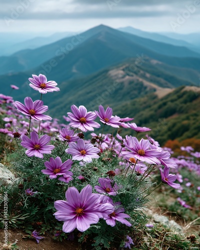 Beautiful Purple Flowers Blooming on Mountain Landscape with Scenic View in Background