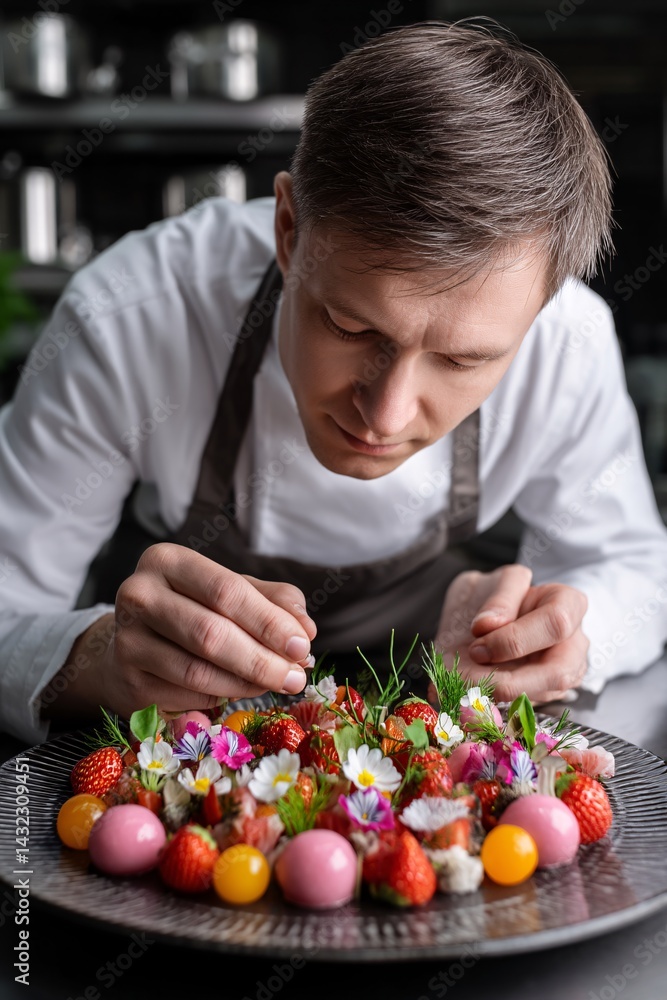Chef Arranging Fresh Fruit and Edible Flowers on Gourmet Dessert Platter in Modern Kitchen