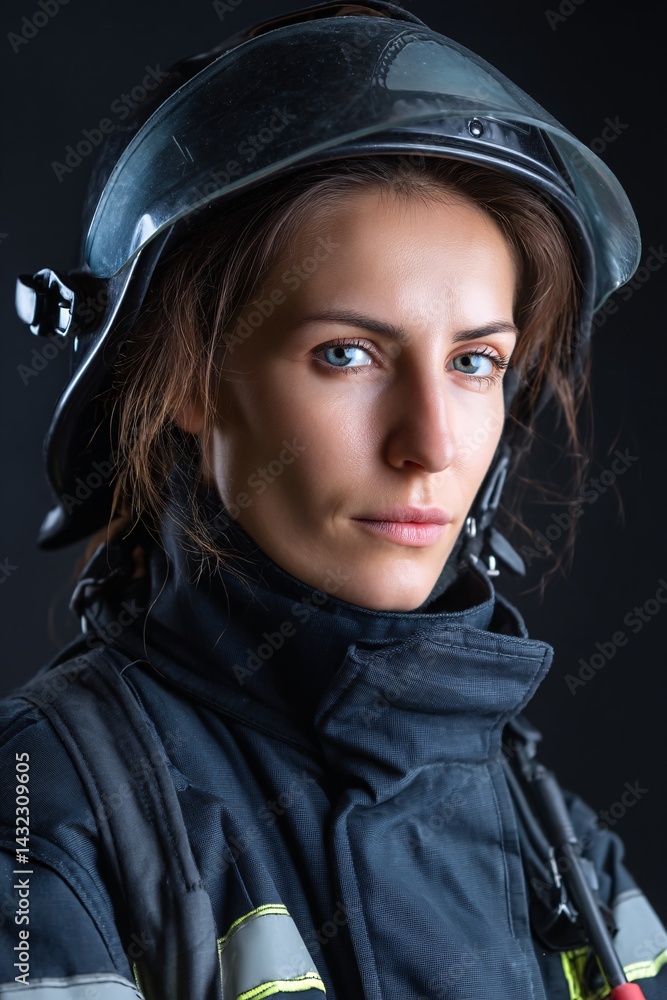 Determined Female Firefighter in Protective Gear with Intense Gaze Against Dark Background
