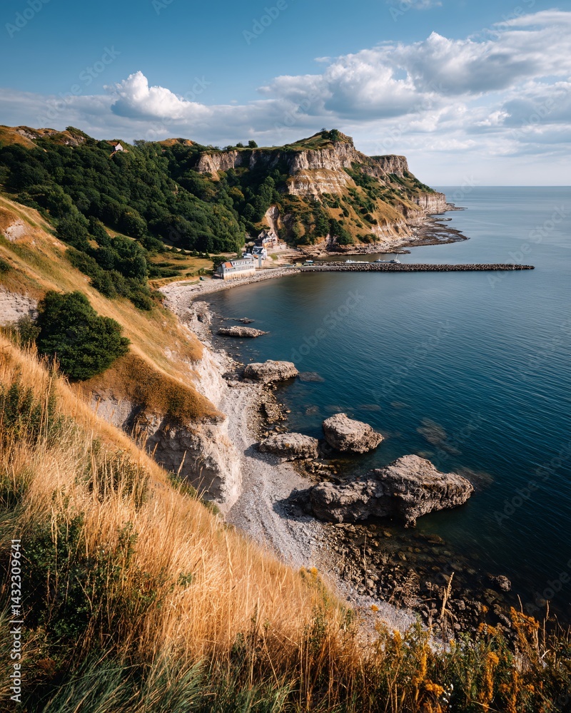 Coastal Landscape with Rocky Shoreline and Dramatic Cliffs Under a Clear Blue Sky