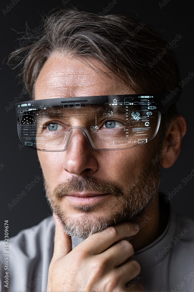 Man Wearing Smart Glasses with Digital Interface Display and Futuristic Technology Concept